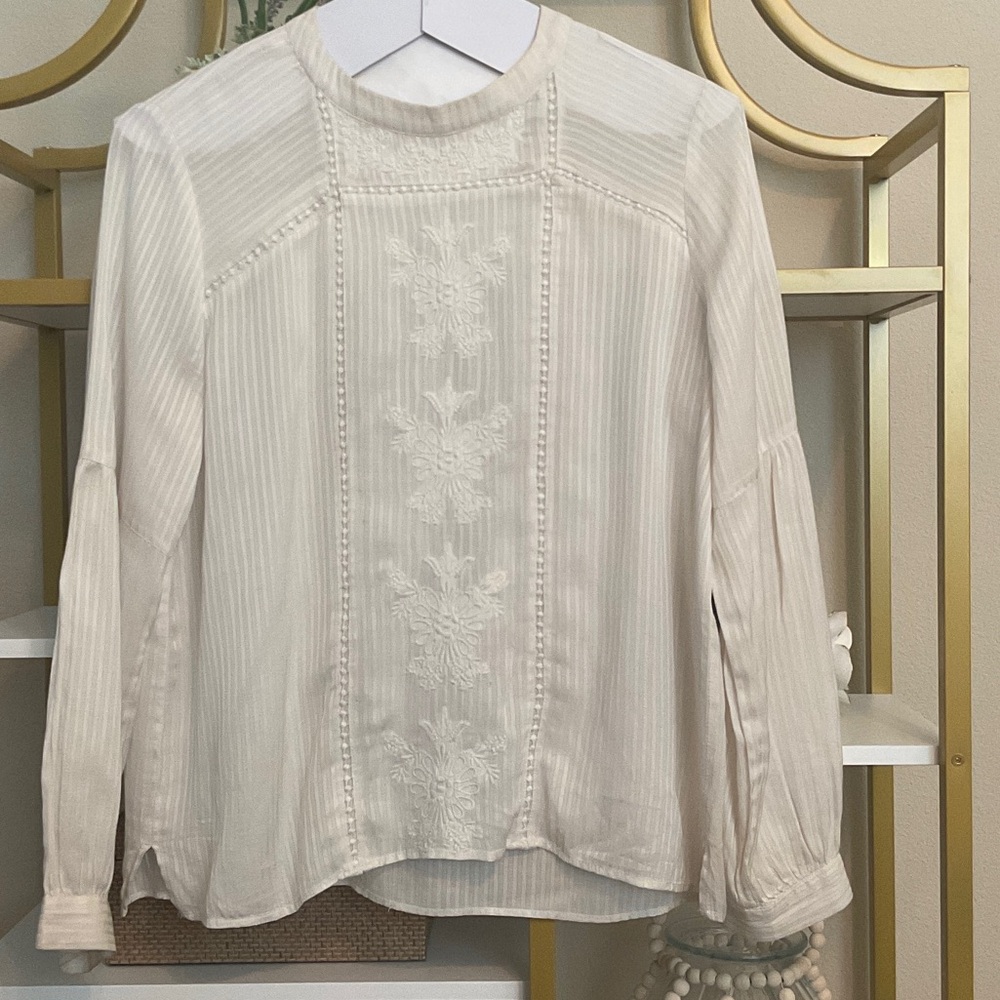 LOFT Cream Embroidered Long-Sleeve Blouse